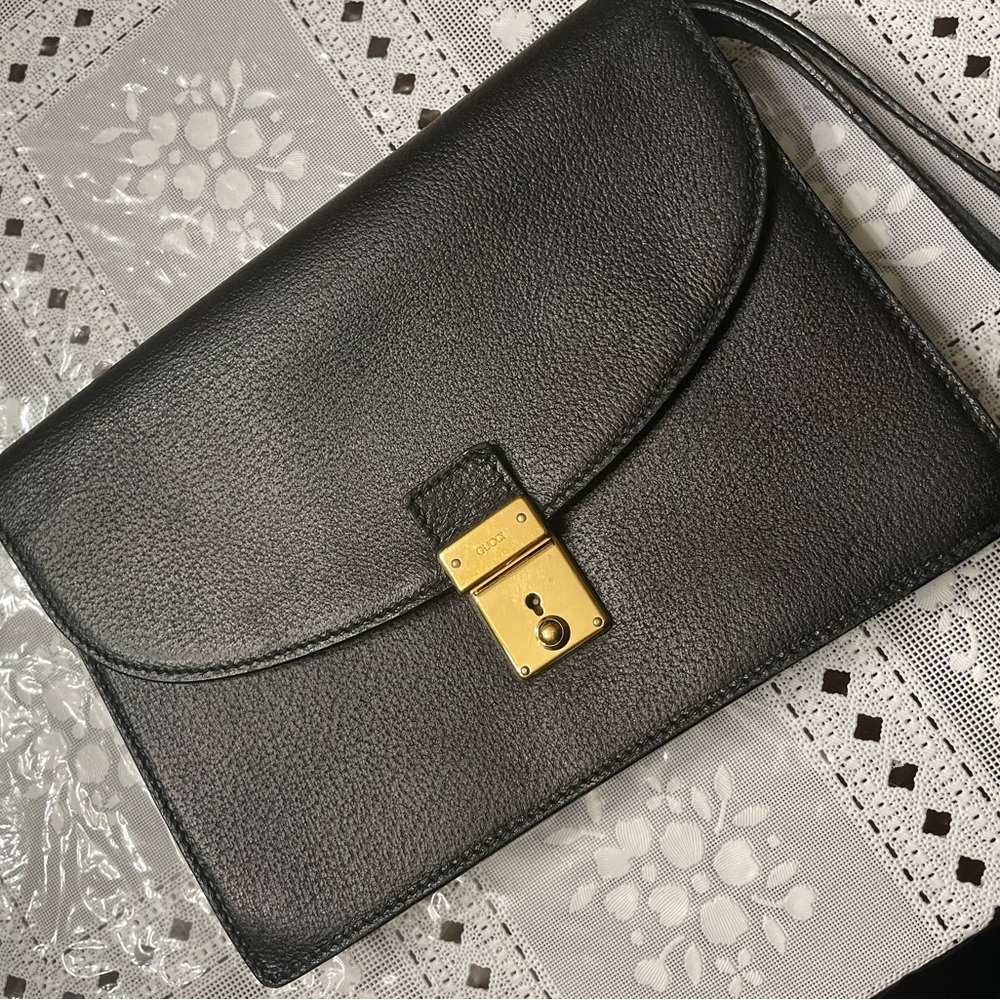 Classic Black Leather Crossbody Bag with Gold Lock